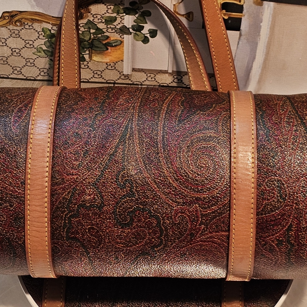Etro Paisley Brown Embossed Leather Small Barrel Bag - Picture 13 of 16